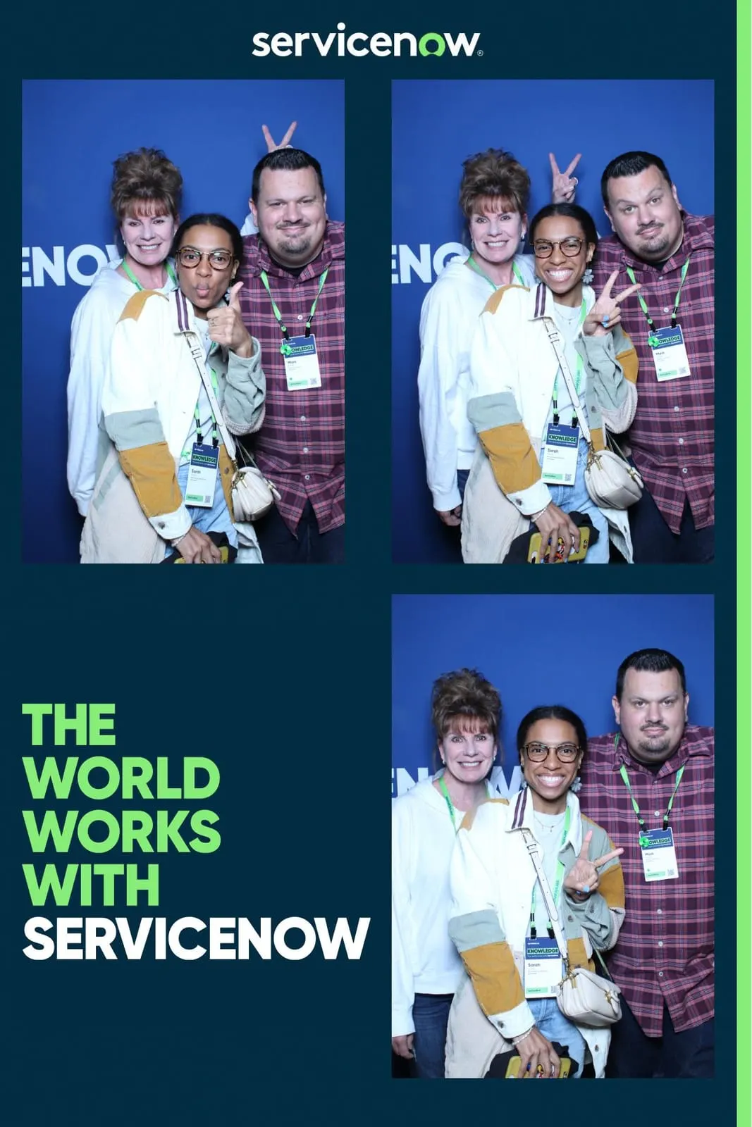 Three ServiceNow attendees posing at the branded blue backdrop photo booth